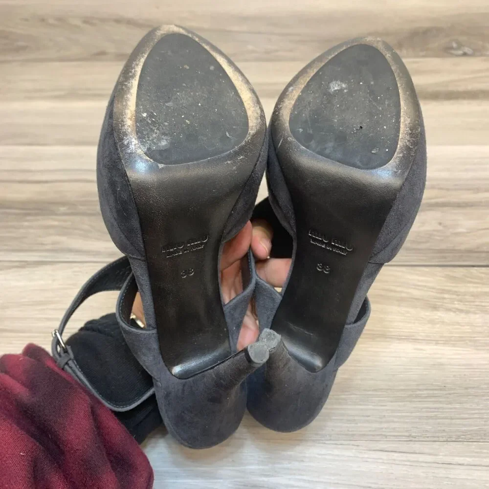 Miu‎ Miu Womens Gray Leather Suede Peep Toe Stilletto High Heels Shoes Size 38